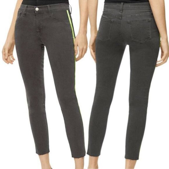 J BRAND 835 Crop Raw Hem Skinny Jeans Mid-Rise Black Grey Reflective Stripe 27 - Picture 1 of 10